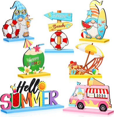 Kigley 7 Pieces Hello Summer Table Decoration Sign Wooden Centerpieces Beach Gno