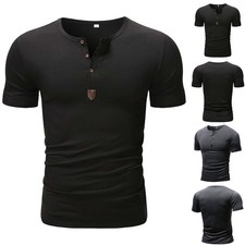 Mens Short Sleeve Basic Tee T-Shirt Button V Neck Slim Fit Summer Muscle Tops US