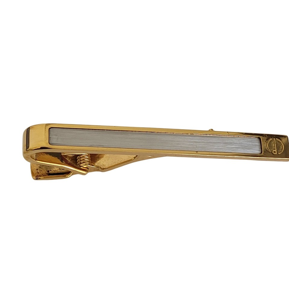 A genuine vintage Dunhill gold-tone tie clip with silver inlay — a proper heritage men's accessory from a luxury brand that holds its cachet.