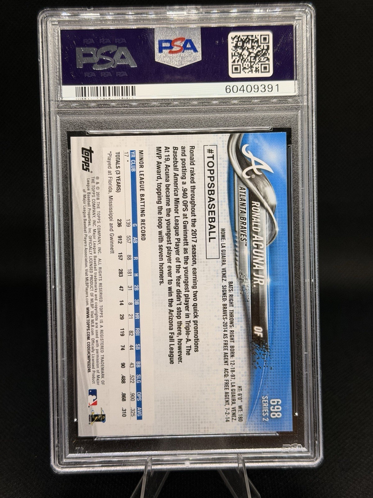 2018 Topps Ronald Acuna PSA 10 - Factory Set Variation #698 Bat Vertical (RC) view 2