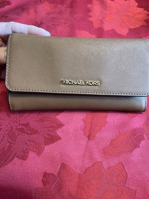 MICHAEL KORS JET SET TRAVEL LARGE TRIFOLD WALLET CLUTCH MK BROWN LUGGAGE LEATHER