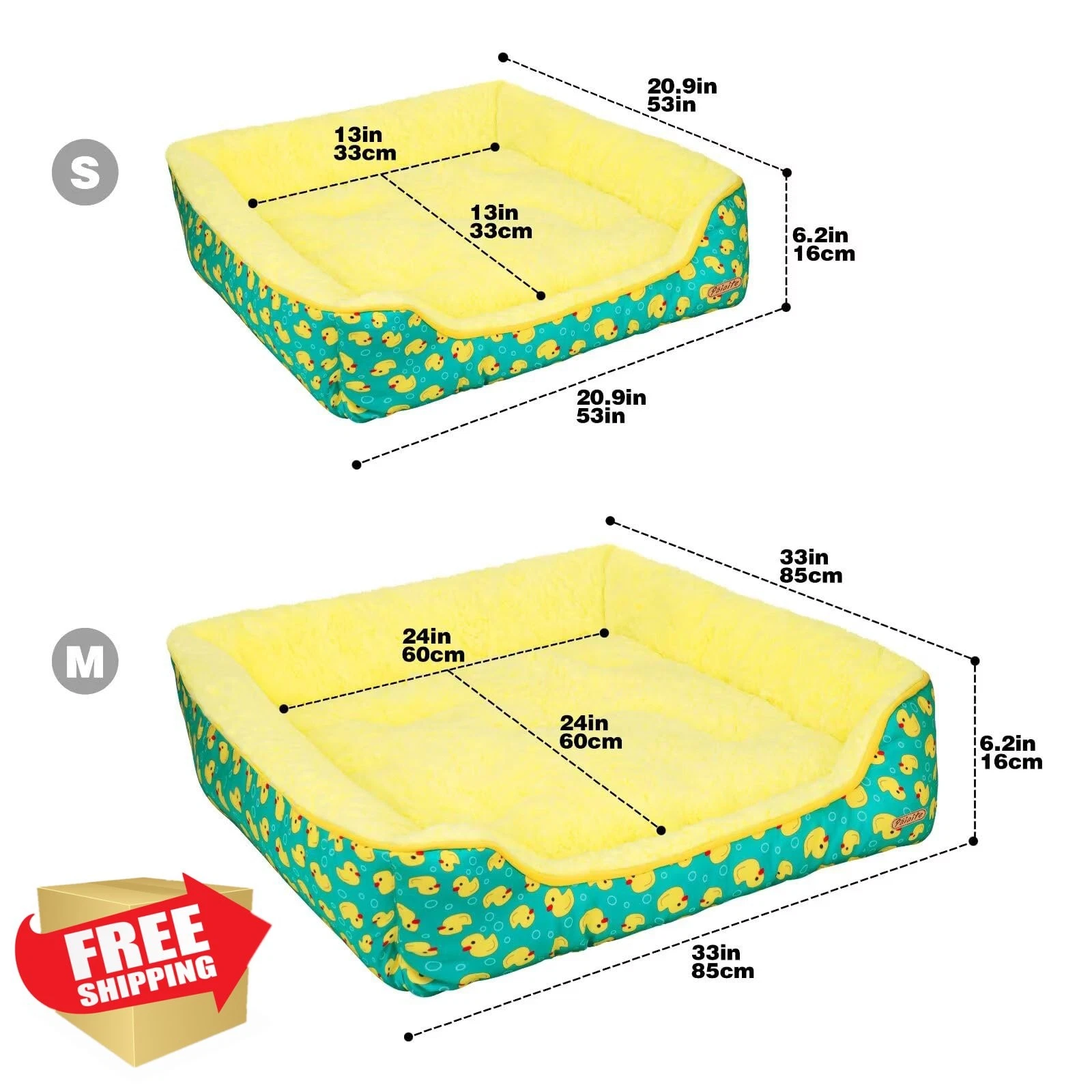Rectangle Washable Dog Bed Yellow M Calming Pet Sofa Non-Slip