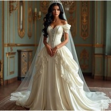 Luxury Off Shoulder Wedding Dresses Cap Sleeves Lace Applique Train Bridal Gowns