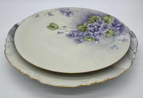 2 French Hand Painted Plates Purple Green Violets Limoge & Haviland - Picture 8 of 8