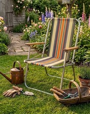 Vintage 1970s Folding Candy Stripe Deck Chair Festival Camping Beach - Wood Arms