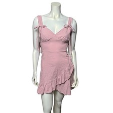 Shein Pink Linen Blend Ruffle Wrap Mini Dress Tie Straps Sweetheart XS 2