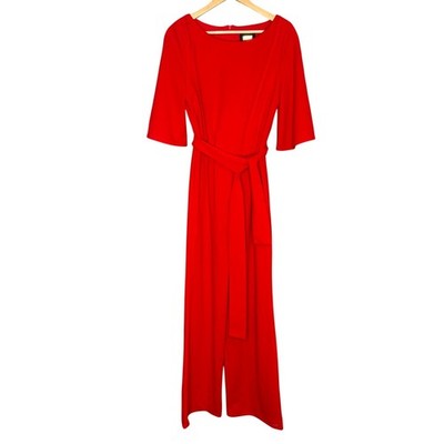 Alexia Admor Red Wide Leg Jumpsuit Size 10 Tie Waist 3/4 Sleeve Dressy