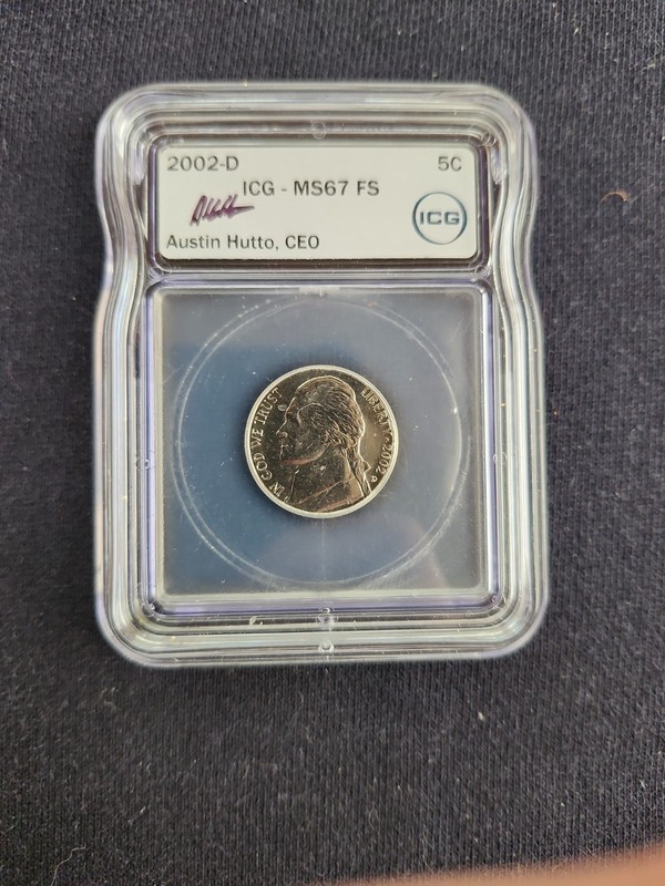 🔥 2002 P Jefferson Nickel 5c Coin Mint State ICG MS 67 FS 🔥AUSTIN HUTTO SIGNED