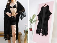 Anna Kaci Black Long Lace Kimono Cardigan Open Front Sheer Boho Duster L