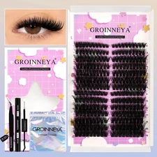 GROINNEYA Lash Clusters Kit Volume Cat Lashes Bond & Seal Cluster DIY Set