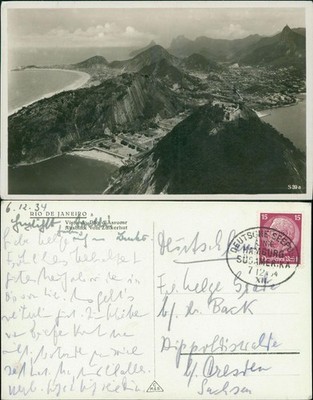 Postcard Rio de Janeiro from Sugarloaf Mountain 1934 used Sea mail Hamburg South America