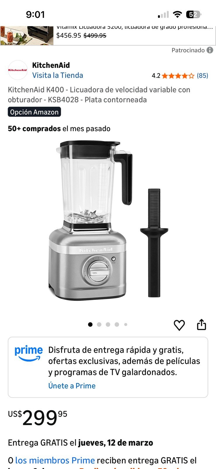 KitchenAid K400 KSB4028 Countertop Blender Silver Variable Speed Tamper Included