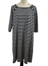 Talbots Dress 1X Blue-Black White Stripe Lace-Up Detail 3/4 Sleeve