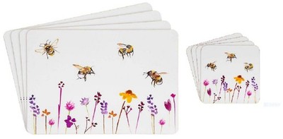 Busy Bee Floral Tischsets & Untersetzer Set - Bienenmuster Tisch und Getränkematte Set