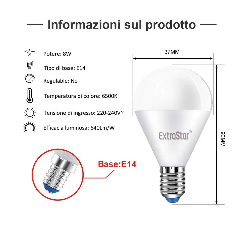 EXTRASTAR Lampadina LED E14,8W Equivalenti a 64W 6500K luce bianca fredda - Immagine 3 di 4