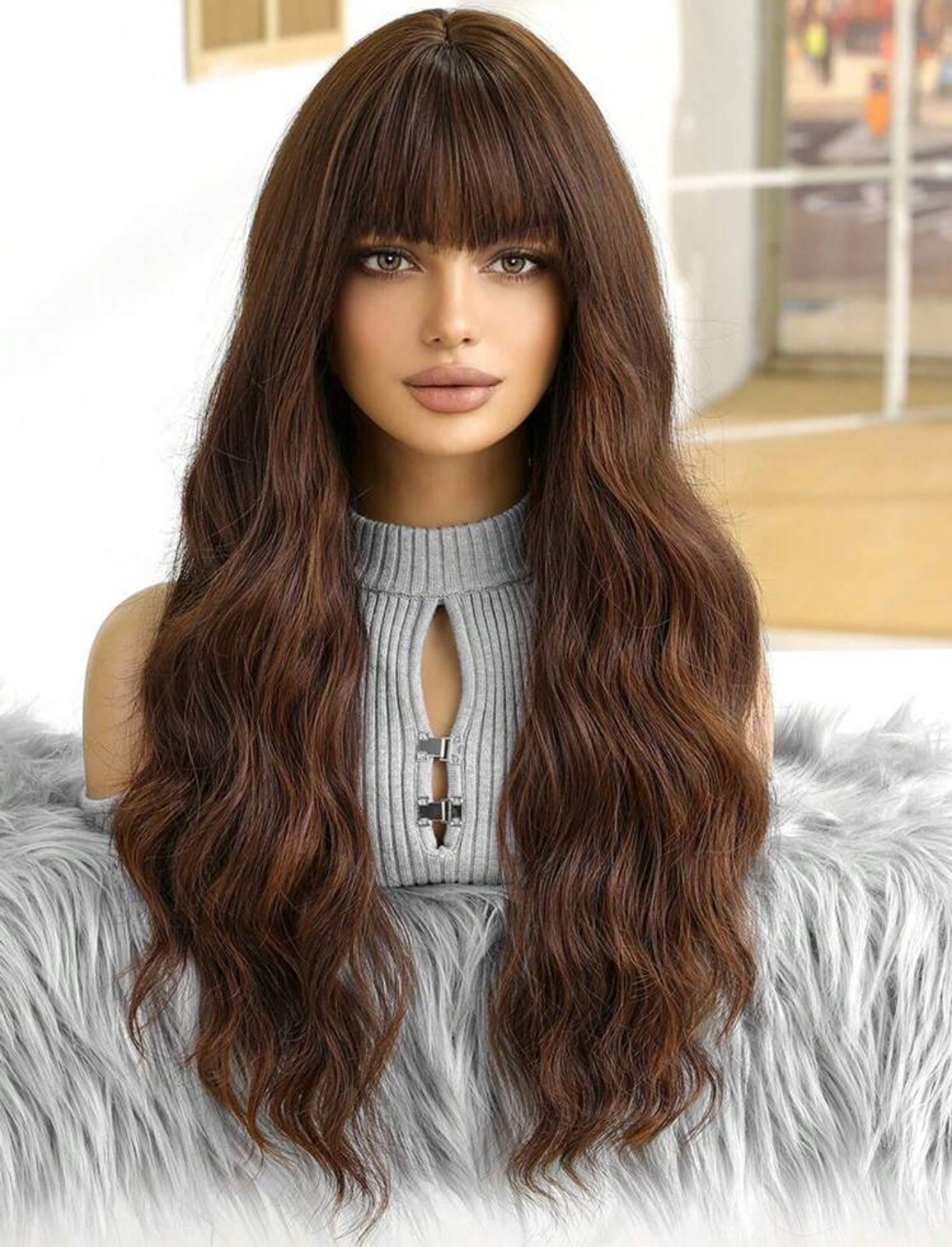 Perruque brune bouclée anti-glisse 65cm pour masquer la perte de cheveux