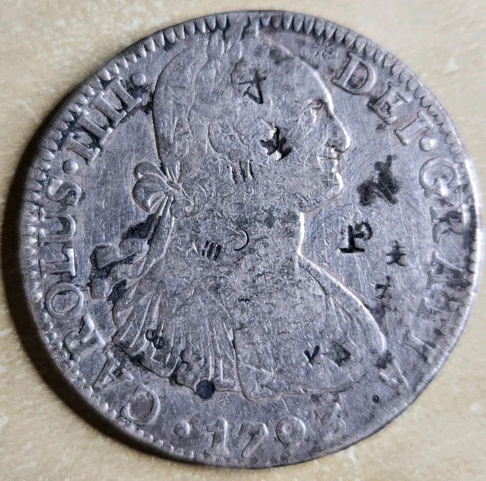 1793-Mo México 8 Reales Corona Plata Chop Marcas Salvamento Marítimo/Naufragio Foto 3 de 4