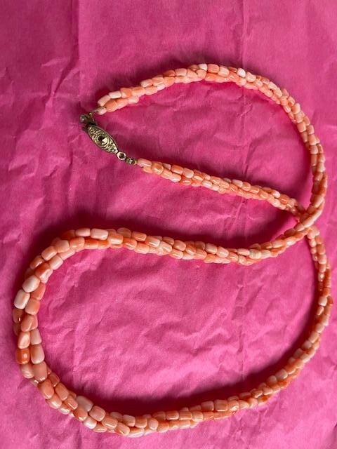 Vintage Coral Beads Strung in Three Strands w/Antique Slide & Snap Stamped Clasp
