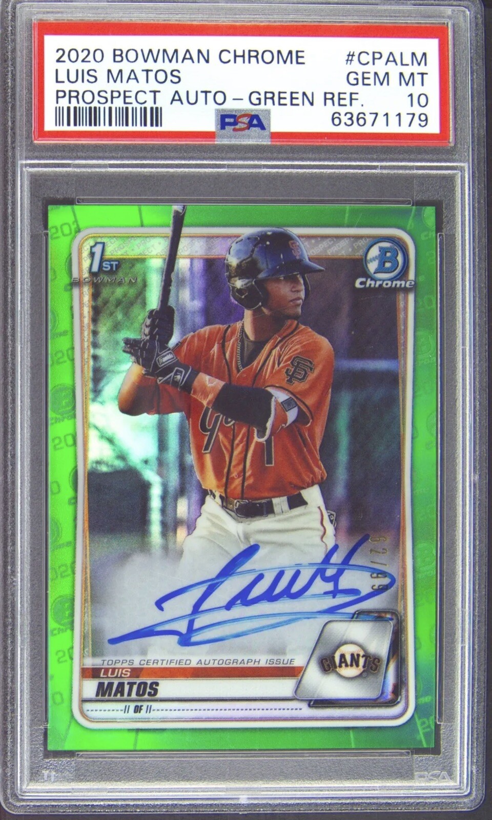 LUIS MATOS PSA 10 2020 BOWMAN CHROME PROSPECT GREEN RERACTOR AUTO 62/99