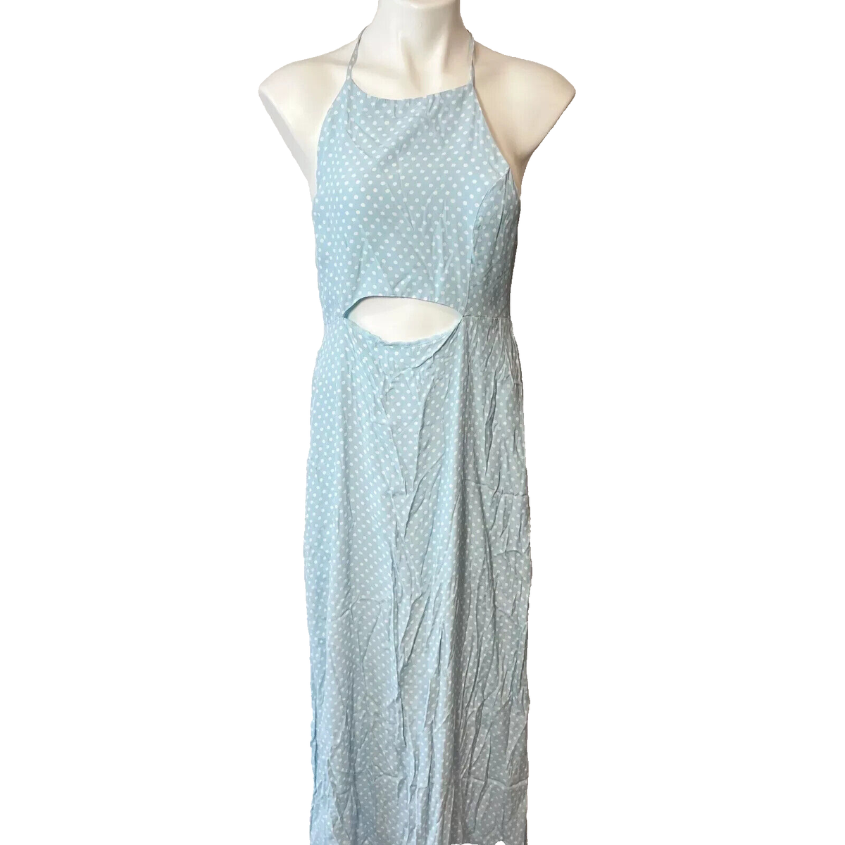 forever 21 polka dot maxi dress FOREVER 21 Polka Dot Cut Out Sleeveless Maxi Dress Womens L Blue High Neck  NEW