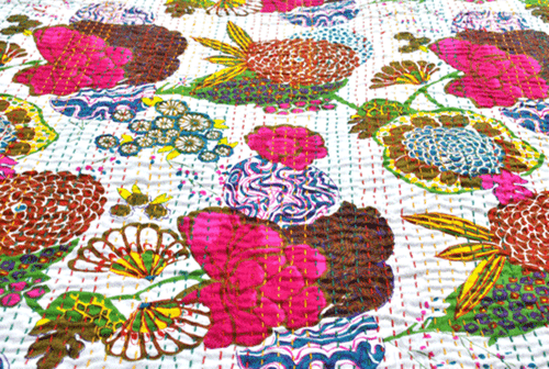 Indian Handmade Floral Print Kantha Quilt Blanket Bedding Bedcover Twin Blanket - Picture 2 of 5