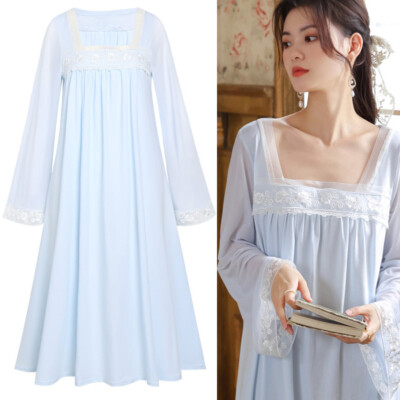 Women Cotton Nightgown Long Sleepshirts Long Sleeve Sleep Dress Retro  Sleepwear | eBay