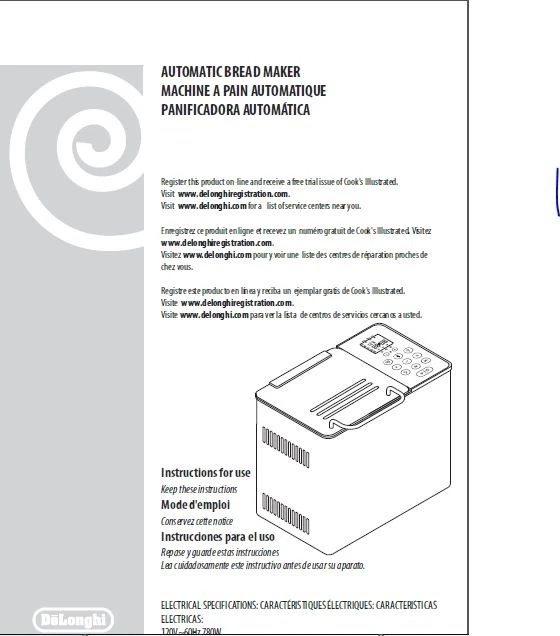 Delonghi Bread Machine Manual DBM1200S, DBM750W, DBM755S, DBM450, DBM750