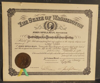 1985 Signatures of John Spellman Gov of WA State & Ralph Monroe Sec Of State