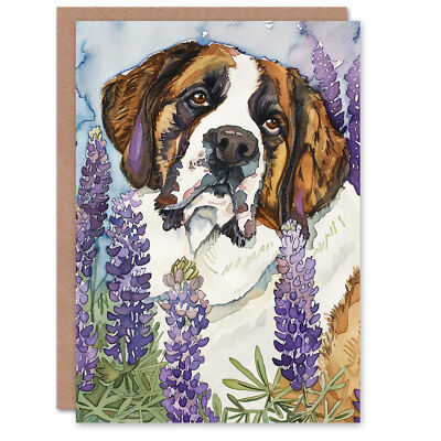 Geburtstagskarte Bernhardiner Hundeliebhaber Lupine Blumen Aquarell