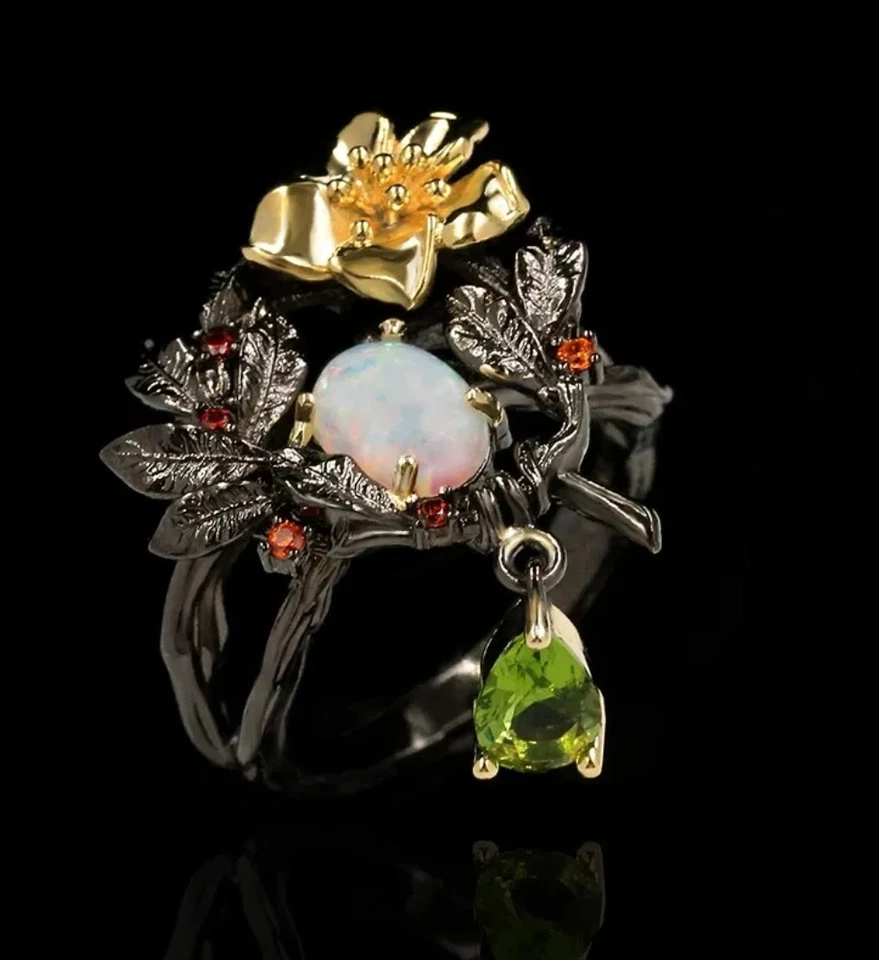 Black S925 Sterling Silver Opal Green Zircon Enamel Gold Flower Ring Size: 6 - Image 2 of 4