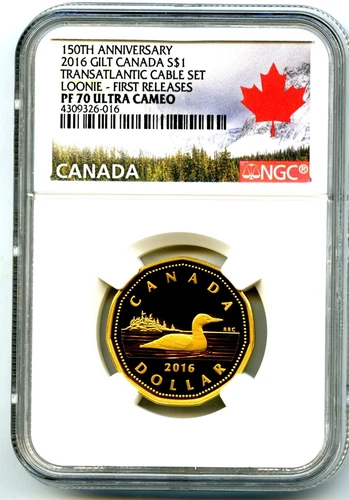 2016 CANADA SILVER PROOF LOONIE DOLLAR NGC PF70 UCAM .9999 FINE GILT GOLD LOON