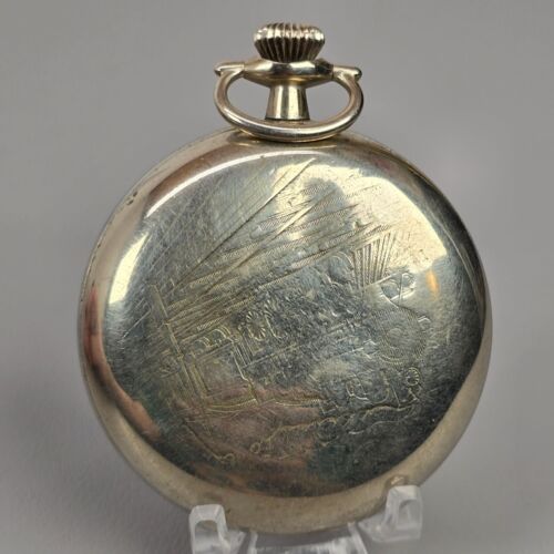 VTG Elgin Pocket Watch Gold & Blue Dial Silver Case W/ Locomotive Design 18s 7j - Picture 3 of 11