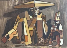 Vintage Cubist Figural Oil Painting Signed Mid Century MCM Modern Art Abstract