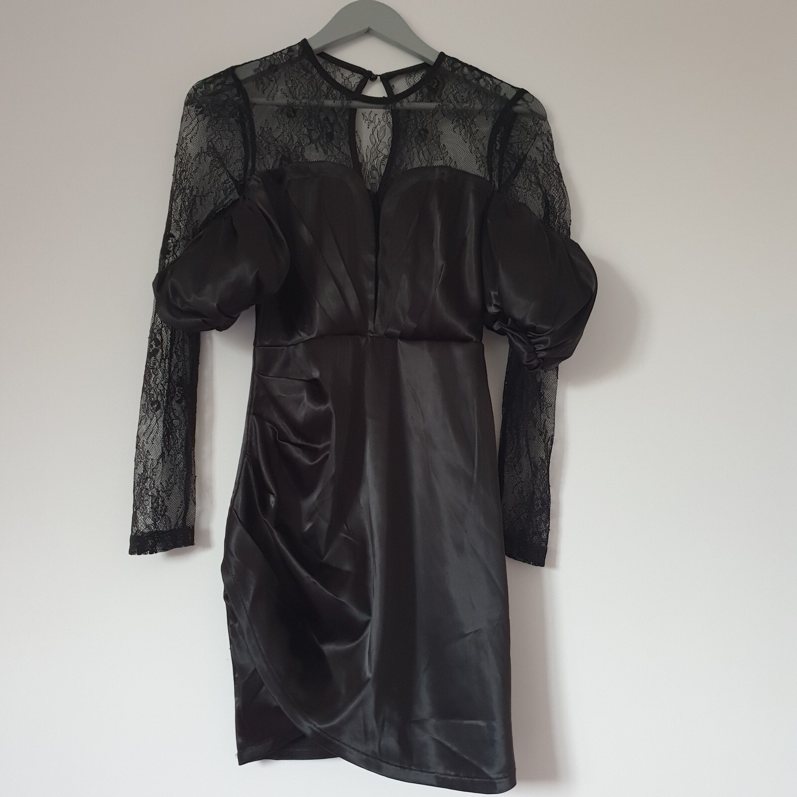 Club London Black Satin Lace Mini Bardot Dress UK10 RRP£120 #ListingsInLights image 2