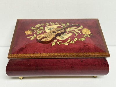 Vtg Music Trinket Box Wood Inlay Music Theme Motif Plays Funiculi Funicula ITALY