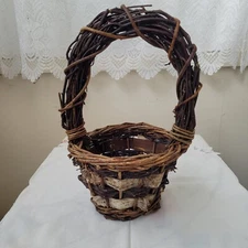 Small Natural Birch Bark And Twig Basket Woven Willow Rustic W/ Handle