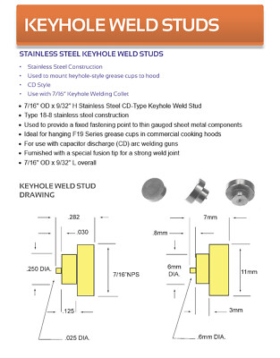 7/16'' OD x 9/32'' H Stainless steel CD -Type Keyhole Weld Stud 100pcs per bag