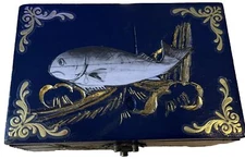 Jewelry Box Navy Blue And Gold Decoupage With A Fish Artist Signed