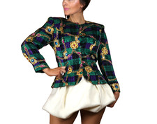 Vintage Green Multicolor Plaid Silk Blazer Jacket Retro Cottagecore Rare Size S