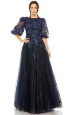 Mac Duggal Midnight Blue Embellished Embroidered Puff Sleeve Gown Size 6 $798
