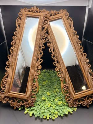 Vintage Homco Faux Wicker Rattan Mirror Pair 21  x 7  Floral  1970 s