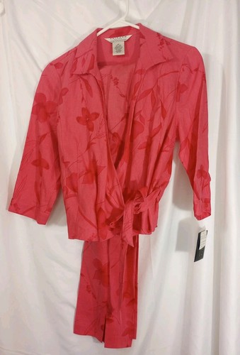 Set giacca pantaloni Capri uniforme lino puro John Paul Richard 2 pezzi rosa floreale - Foto 1 di 11