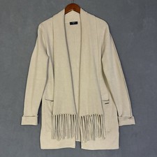 Tahari Cardigan Sweater M Cream Fringe Open Front Pockets Boho Chic Quiet Luxury