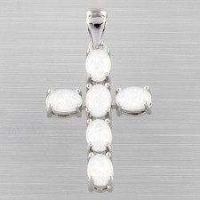 Latin Cross Oval White Fire Opal Cabochon Silver Jewelry Necklace Pendant