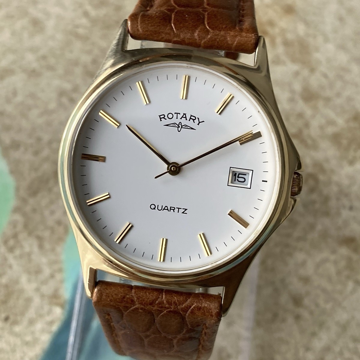 Rotary Watch Mens Vintage 1990s Quartz Date Gold Plated 35mm Case