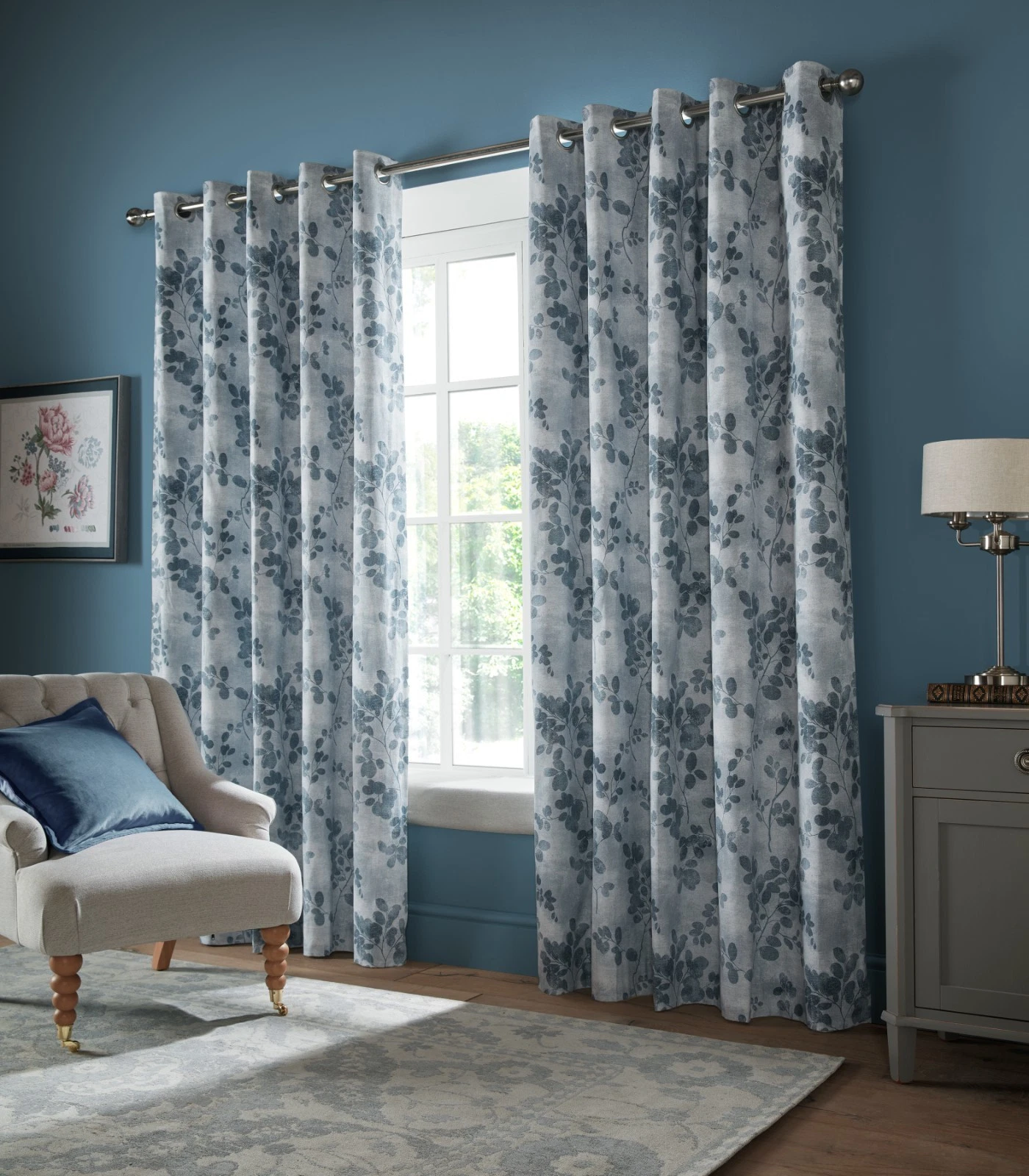 Laura Ashley Millhayes Blackout Eyelet Curtains In Smoke Blue - HALF PRICE SALE