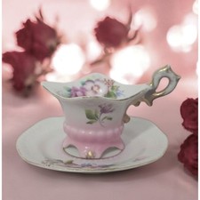 Miniature Hand Painted Square Footed Tea Cup  Saucer Childs Set Made in Japan