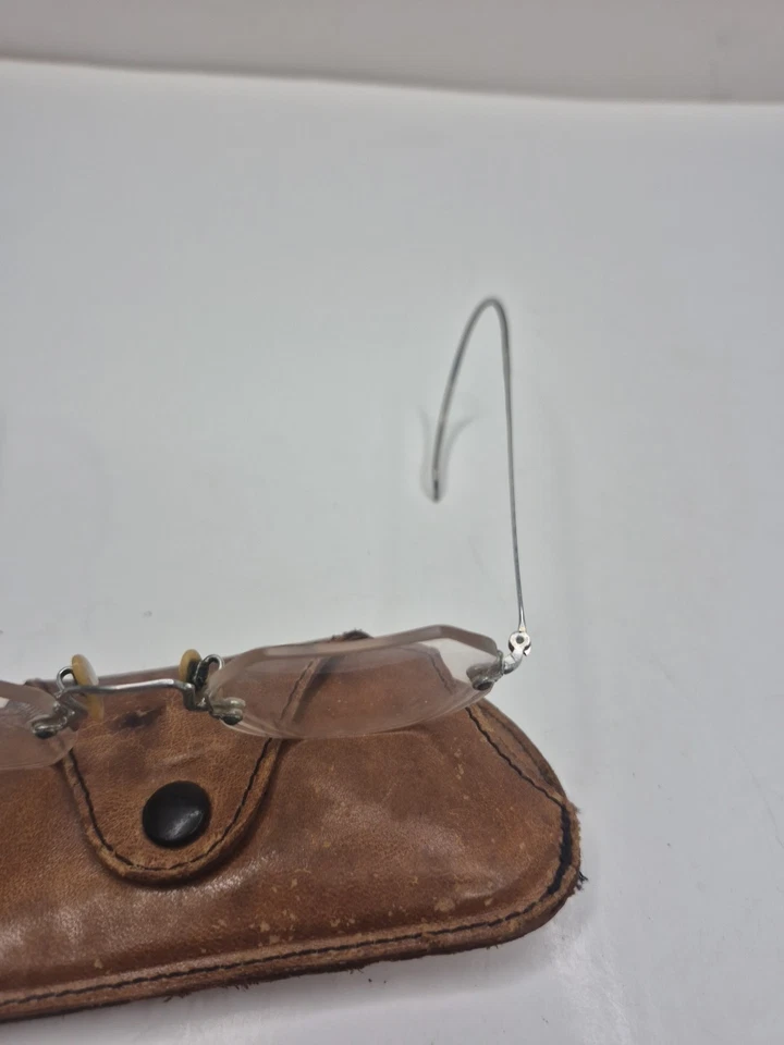 Anteojos antiguos Shuron hexegon sin marco con estuche de cuero años 20 Foto 4 de 4