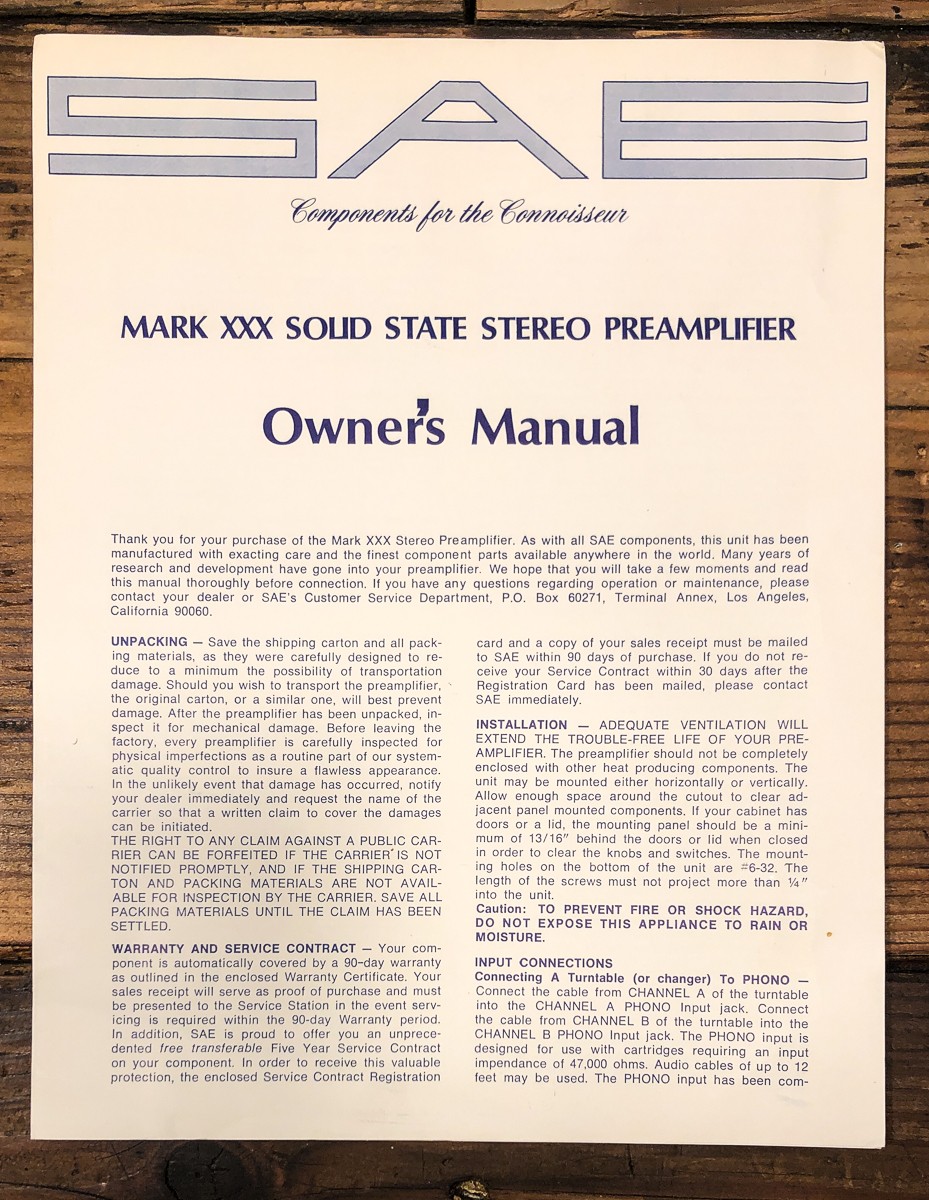 SAE MARK XXX / 30 Preamp / Preamplifier Owners / User Manual *Original*