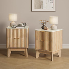 Fluted Nightstand Set of 2,Modern End Table with Faux Marble Top,2 Storage Drawe
